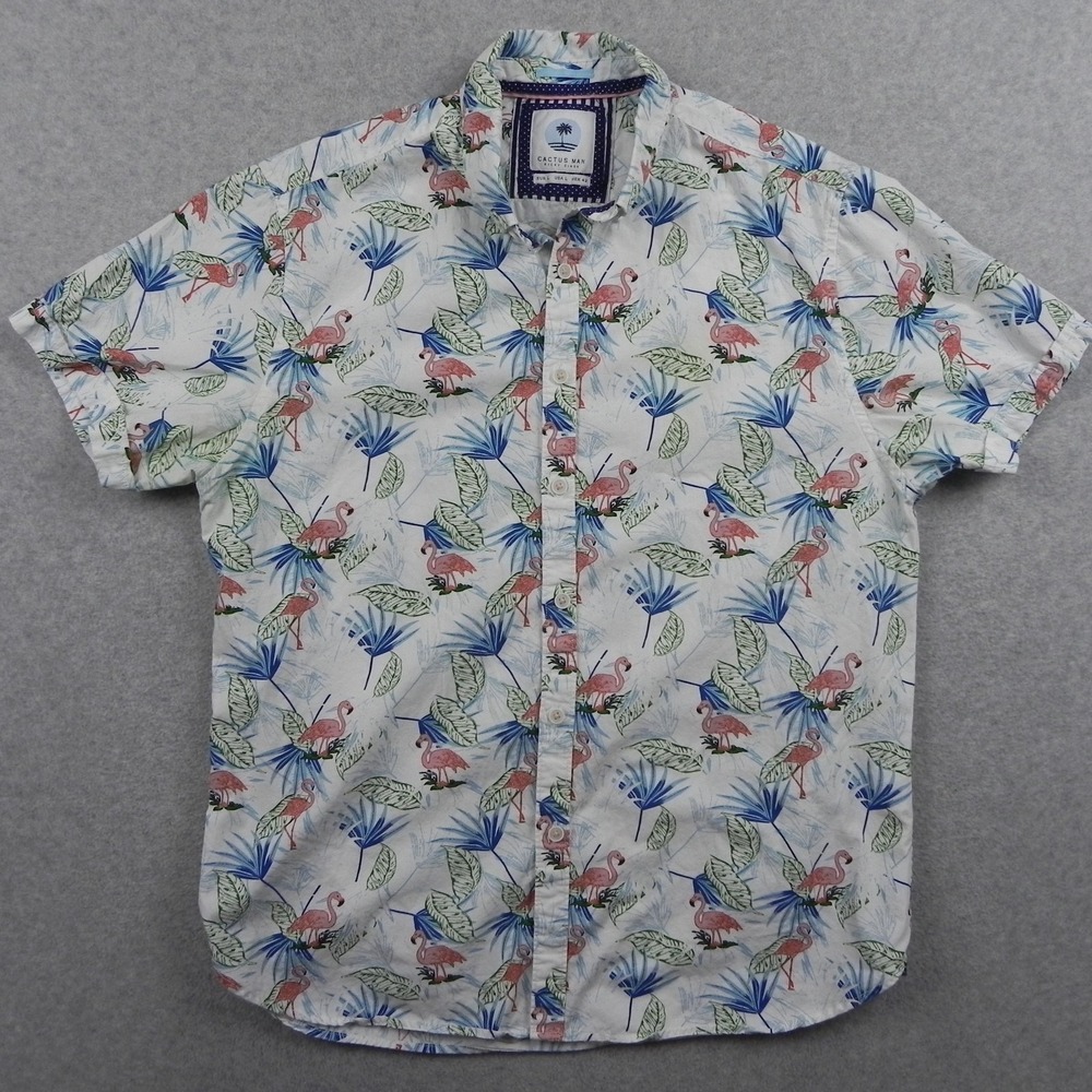 Cactus Man Shirt Mens Large Hawaiian Flamingo Tropical Button Up Short Sleeve